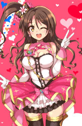 Rule 34 | 10s, 1girl, bad id, bad pixiv id, breasts, brown eyes, brown hair, cleavage, double v, echizen (hvcv), elbow gloves, gloves, idolmaster, idolmaster cinderella girls, idolmaster cinderella girls starlight stage, large breasts, one eye closed, one side up, shimamura uzuki, solo, thighhighs, v