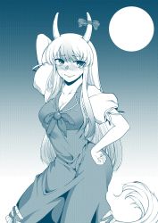 Rule 34 | 0-den, 1girl, arm up, blush, breasts, cleavage, collarbone, contrapposto, dress, embarrassed, ex-keine, full moon, greyscale, hand on own hip, highres, horn ornament, horn ribbon, horns, kamishirasawa keine, long hair, looking at viewer, medium breasts, monochrome, moon, nose blush, puffy short sleeves, puffy sleeves, ribbon, short sleeves, smile, solo, standing, sweat, tail, touhou