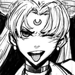 Rule 34 | 1girl, :d, :p, bishoujo senshi sailor moon, choker, commentary, crescent, crescent facial mark, earrings, edpan, english commentary, facial mark, foreshortening, greyscale, jewelry, long hair, looking at viewer, monochrome, one eye closed, open mouth, portrait, sailor moon, smile, solo, tongue, tongue out, tsukino usagi, twintails