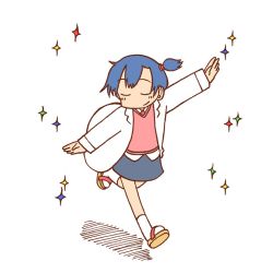 Rule 34 | 1girl, arawi keiichi, blue hair, closed eyes, female focus, flat color, full body, lab coat, nakamura kana, nichijou, official art, outstretched arms, sandals, side ponytail, simple background, smile, solo, sparkle, spread arms, white background