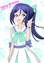 Rule 34 | 1girl, absurdres, aqua bow, artist name, back bow, bare shoulders, blue hair, blush, bow, bracelet, breasts, buttons, collarbone, female focus, hair between eyes, highres, jewelry, long hair, looking at viewer, love live!, love live! sunshine!!, matsuura kanan, medium breasts, minase shin, parted lips, ponytail, purple eyes, sailor collar, shirt, skirt, smile, solo, v, white shirt, white skirt