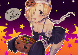 Rule 34 | 1girl, azuse neko, bandaged arm, bandaged leg, bandages, blonde hair, bow, breasts, brown eyes, candy, child, downblouse, dress, ear piercing, earrings, food, hair over one eye, halloween, halloween bucket, idolmaster, idolmaster cinderella girls, jack-o&#039;-lantern, jewelry, looking at viewer, no bra, open mouth, piercing, pumpkin, shirasaka koume, short hair, sleeves past fingers, sleeves past wrists, small breasts, smile, solo, thighhighs, trick or treat