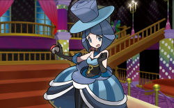 Rule 34 | 1girl, battle chatelaine, battle maison, black gloves, black pantyhose, blue dress, blue eyes, blue hair, blue hat, blue theme, breasts, cleavage, creatures (company), dress, evelyn (pokemon), feet out of frame, game freak, gloves, hat, holding, holding poke ball, indoors, looking at viewer, mizutani megumi, nintendo, official art, pantyhose, poke ball, poke ball (basic), pokemon, pokemon tcg, pokemon xy, short hair, small breasts, solo, stairs, standing, striped, third-party source, top hat, uniform, vertical stripes