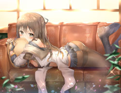 Rule 34 | 1girl, absurdres, ass, black footwear, boots, breasts, brown hair, couch, feet up, fingerless gloves, girls&#039; frontline, gloves, grey eyes, grey ribbon, hair ribbon, highres, holding, holding pillow, k2 (girls&#039; frontline), long hair, looking at viewer, lying, medium breasts, miniskirt, on stomach, panties, pantyhose, pillow, plant, ribbon, skirt, solo, sun glare, sunhyun, sunlight, underwear, window