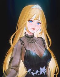 Rule 34 | 1girl, artofkuzu, black background, black dress, blonde hair, blue eyes, breasts, cleavage, dress, earrings, highres, hololive, hololive english, jewelry, large breasts, long hair, long sleeves, looking at viewer, mole, mole on breast, see-through, see-through dress, see-through sleeves, tiara, virtual youtuber, watson amelia, watson amelia (3rd costume)