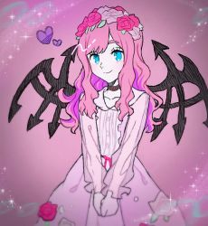 Rule 34 | 1girl, atarashi coco, black wings, blue eyes, closed mouth, collar, collarbone, dress, eyebrows, eyelashes, female focus, floral print, flower, flower wreath, heart, long hair, looking at viewer, own hands together, pink dress, pink hair, rose, see-through, see-through sleeves, shin subarashiki kono sekai, simple background, smile, solo, spiked wings, spread wings, subarashiki kono sekai, upper body, wings