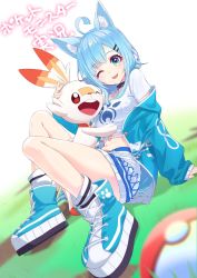 Rule 34 | 1girl, 1other, :d, ahoge, animal ear fluff, animal ears, black choker, blue eyes, blue footwear, blue hair, blue jacket, boots, breasts, choker, commentary request, creatures (company), crop top, cross-laced footwear, dog ears, fang, game freak, ganko-chan (shashaneko123), gen 8 pokemon, grass, hair ornament, hairclip, halterneck, headpat, highres, hug, jacket, knees up, lace-up boots, looking at viewer, medium breasts, medium hair, midriff, mihana rio, navel, nintendo, off-shoulder jacket, off shoulder, on floor, one eye closed, open clothes, open jacket, open mouth, patterned clothing, paw print, platform footwear, poke ball, pokemon, pokemon (creature), pokemon swsh, reclining, scorbunny, shirt, shoes, shorts, sitting, skin fang, smile, sneakers, socks, stomach, t-shirt, translation request, virtual youtuber, wactor production, white shirt, white shorts