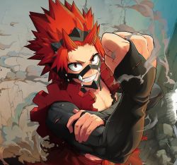 Rule 34 | 1boy, boku no hero academia, clenched hand, commentary, damaged, english commentary, foreshortening, grin, insecureillu, kirishima eijirou, looking at viewer, male focus, red eyes, red hair, rubble, scratches, sharp teeth, smile, smoke, solo, spiked hair, teeth, torn clothes