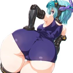 Rule 34 | 1girl, ass, bad id, bad pixiv id, black gloves, black thighhighs, blue hair, blush, breasts, chromatic aberration, dd (ijigendd), dutch angle, elbow gloves, frame arms girl, from behind, gloves, hand on own hip, headgear, highres, hresvelgr, huge ass, legs together, looking at viewer, looking back, mecha musume, medium breasts, one-piece swimsuit, purple eyes, school swimsuit, shiny clothes, shiny skin, short hair, simple background, solo, swimsuit, thick thighs, thigh gap, thighhighs, thighs, white background, wide hips