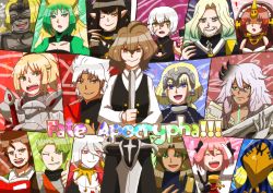 Rule 34 | 6+boys, 6+girls, absurdres, achilles (fate), ahoge, amakusa shirou (fate), animal ears, armor, armored dress, astolfo (fate), atalanta (fate), avicebron (fate), balmung (fate/apocrypha), black hair, black pants, blonde hair, book, bridal veil, brown hair, cape, capelet, cat ears, chain, chiron (fate), cloak, closed eyes, commentary, dark skin, facial hair, fang, fate/apocrypha, fate (series), frankenstein&#039;s monster (fate), fur trim, gauntlets, green eyes, green hair, headpiece, highres, holding, holding book, holding sword, holding weapon, horns, jack the ripper (fate/apocrypha), jeanne d&#039;arc (fate), jeanne d&#039;arc (ruler) (fate), karna (fate), long hair, long sleeves, looking at viewer, mask, mordred (fate), mordred (fate/apocrypha), multicolored hair, multiple boys, multiple girls, mustache, one eye closed, open clothes, pale skin, pants, pink hair, priest, purple eyes, purple hair, red eyes, sakuragi anju, scar, scar across eye, scar on face, semiramis (fate), shirt, short hair, sieg (fate), siegfried (fate), silver hair, single horn, spartacus (fate), sweatdrop, sword, tattoo, thumbs up, trap, turtleneck, two-tone hair, v, veil, very long hair, vlad iii (fate/apocrypha), waistcoat, weapon, white shirt, william shakespeare (fate), yellow eyes