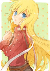 Rule 34 | 1girl, bad id, bad pixiv id, blonde hair, blue eyes, colette brunel, cosplay, green background, lloyd irving, lloyd irving (cosplay), long hair, looking at viewer, nari hibiki, polka dot, polka dot background, red shirt, shirt, solo, tales of (series), tales of symphonia, twitter username