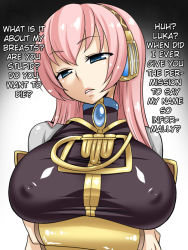 Rule 34 | 1girl, angry, blue eyes, breast hold, breasts, covered erect nipples, crossed arms, female focus, gradient background, hard-translated, huge breasts, kanya pyi, large breasts, lips, long hair, looking at viewer, megurine luka, nipples, pink hair, shirt, solo, taut clothes, taut shirt, third-party edit, translated, tsundere, vocaloid, white background