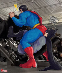 Rule 34 | 2boys, absurdres, aliveyozora, artist logo, artist name, ass, ass-to-mouth, bara, batman, biceps, black hair, blush, cape, dc comics, formal, gym, highres, huge ass, leg press machine, male focus, manly, mask, mature male, meme, multiple boys, muscular, muscular male, signature, suit, superman, thick arms, thick thighs, thighs, tight clothes