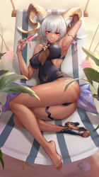 Rule 34 | 1girl, :d, absurdres, animal ears, arknights, arm up, armlet, armpits, ass, barefoot, black footwear, black one-piece swimsuit, breasts, breasts apart, carnelian (arknights), carnelian (shimmering dew) (arknights), casual one-piece swimsuit, covered navel, cup, dark-skinned female, dark skin, day, full body, gins, goat ears, goat girl, goat horns, grey hair, hammock, high heels, highres, holding, holding cup, horns, large breasts, lying, official alternate costume, on side, one-piece swimsuit, open mouth, outdoors, parted lips, pillow, plant, pouring, pouring onto self, red eyes, seashell, shell, shoes, short hair, single shoe, smile, solo, starfish, swimsuit, thigh strap, toeless footwear