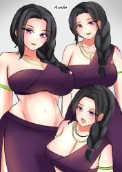 1girl absurdres armlet black_hair breasts character_request copyright_request gold_necklace green_lips highres jewelry large_breasts long_hair makeup multiple_views necklace purple_eyes purple_shirt purple_skirt shirt single-shoulder_shirt single_bare_shoulder skirt thai_clothes thai_text wide_hips