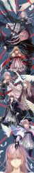 Rule 34 | 4girls, absurdres, angel wings, armor, berlinetta (pixiv fantasia), black thighhighs, blue background, borrowed character, bow (weapon), commentary, disembodied limb, dress, feathers, highres, holding, holding bow (weapon), holding weapon, incredibly absurdres, long hair, long image, multiple girls, multiple persona, multiple views, pink eyes, pink hair, pixiv fantasia, pixiv fantasia 5, pixiv fantasia fallen kings, pixiv fantasia new world, pixiv fantasia sword regalia, reiichiko, simple background, sleeveless, sleeveless dress, strapless, strapless dress, string, string of fate, striped, striped background, stylus, tall image, thighhighs, weapon, weapon case, white dress, wings