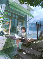 Rule 34 | 1girl, absurdres, aspara, bandaid, bandaid on knee, bandaid on leg, bird, bird seed, black skirt, black socks, breasts, bridge, broom, brown eyes, brown hair, building, canal, cloud, cup, dappled sunlight, day, expressionless, green theme, highres, holding, holding newspaper, house, jacket, light rays, long hair, long sleeves, medium breasts, newspaper, original, outdoors, plant, potted plant, railing, reading, revision, shirt, shoes, sitting, skirt, sneakers, socks, solo, stairs, stone stairs, stool, striped clothes, striped jacket, sunbeam, sunlight, teacup, teapot, tree, water, white shirt, wide shot, window