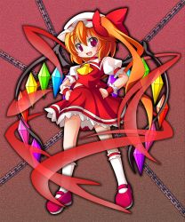Rule 34 | 1girl, ascot, bad id, bad pixiv id, blonde hair, bow, chain, fang, female focus, flandre scarlet, frills, hair bow, hands on own hips, hat, kneehighs, long hair, mary janes, open mouth, red eyes, shinjitsu, shoes, side ponytail, skirt, skirt set, slit pupils, smile, socks, solo, touhou, wings, wrist cuffs