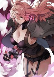 Rule 34 | 1girl, absurdres, alchemy stars, black gloves, black jacket, breasts, cleavage, clenched hand, closed mouth, collarbone, cowboy shot, garter straps, gloves, hair between eyes, highres, jacket, jacket on shoulders, large breasts, long hair, looking at viewer, pink eyes, pink hair, smile, solo, wrath (alchemy stars), yoshio (55level)