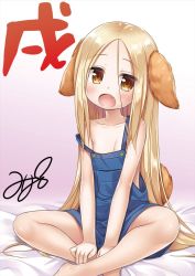 Rule 34 | 1girl, animal ears, bad id, bad twitter id, barefoot, blonde hair, brown eyes, commentary request, denim dress, dog ears, dog tail, dress, fang, flat chest, knees apart feet together, long hair, open mouth, original, signature, sitting, solo, strap slip, tail, very long hair, yukino minato