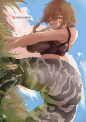Rule 34 | all fours, amane suzuha, ass, bbadogg, bra, breasts, cameltoe, from behind, hanging breasts, highres, huge ass, large breasts, looking at viewer, looking back, steins;gate, twintails, underwear, yellow eyes