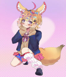 Rule 34 | 1girl, ahoge, animal ear fluff, animal ears, black footwear, black jacket, blonde hair, blue bow, blue bowtie, blue hair, blue nails, blue skirt, blush, bow, bowtie, brown cardigan, cardigan, closed mouth, commentary request, diagonal-striped bow, diagonal-striped bowtie, diagonal-striped clothes, fox ears, fox girl, fox tail, full body, gyaru, hair bow, hair ornament, hairclip, hands on own face, hands up, heart, heart-shaped pupils, highres, hololive, jacket, knee up, kogal, loafers, long hair, long sleeves, looking at viewer, loose socks, miniskirt, multicolored bowtie, multicolored hair, multicolored nails, multiple hair bows, nail art, nail polish, official alternate costume, official alternate hair length, official alternate hairstyle, omaru polka, omaru polka (school uniform), on one knee, open clothes, open jacket, pi (namakurichan), pink background, pink hair, pink pupils, pleated skirt, polka dot, polka dot background, purple eyes, red bow, red bowtie, red nails, red skirt, school uniform, shoes, side ponytail, simple background, skirt, sleeves past wrists, smile, socks, solo, streaked hair, striped clothes, symbol-shaped pupils, tail, very long hair, virtual youtuber, white socks