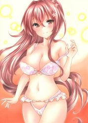 Rule 34 | 1girl, bare arms, bare shoulders, blush, bra, breasts, brown hair, cherry blossoms, cleavage, closed mouth, collarbone, commentary request, cowboy shot, crossed bangs, floral print, flower, hair between eyes, hair flower, hair intakes, hair ornament, highleg, highleg panties, highres, kantai collection, large breasts, long hair, looking at viewer, navel, orange eyes, panties, pink flower, ponytail, pulling own clothes, saya pr, smile, solo, strap pull, thighs, underwear, underwear only, very long hair, white bra, white panties, yamato (kancolle)