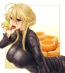 1girl absurdres artoria_pendragon_(fate) artoria_pendragon_(lancer)_(fate) black_bodysuit blonde_hair blue_eyes bodysuit border braid cheese cheese_wheel commentary_request eating fate/grand_order fate_(series) food highres holding holding_food leaning_forward long_sleeves nabeyu open_mouth partial_commentary short_hair sidelocks solo tongue tongue_out yellow_border