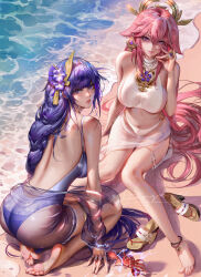 Rule 34 | 2girls, animal ears, ass, back, barefoot, beach, bikini, blunt bangs, braid, breasts, commentary, crab, dangle earrings, earrings, electricity, english commentary, feet, floppy ears, flower, fox ears, fox shadow puppet, from above, genshin impact, hair between eyes, hair flower, hair ornament, headpiece, highres, jewelry, large breasts, liang xing, long hair, looking at viewer, low-braided long hair, low-tied long hair, multiple girls, navel, ocean, one-piece swimsuit, outdoors, paid reward available, patreon username, pendant, pink hair, purple eyes, purple hair, purple one-piece swimsuit, raiden shogun, sandals, sarong, see-through, see-through sarong, seiza, sideboob, signature, sitting, soles, swimsuit, toes, unworn sandals, very long hair, white bikini, yae miko
