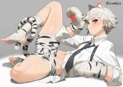 Rule 34 | 1boy, animal hands, animal print, arm support, bishounen, black necktie, blush, bridal legwear, brown eyes, bulge, bungou stray dogs, character request, closed mouth, eyelashes, feet, foot up, full body, g1 (jjw00123), gloves, grey background, grey hair, grey shorts, grey socks, hand up, knee up, legs, long sleeves, looking at viewer, lying, male focus, midriff, nakajima atsushi (bungou stray dogs), navel, necktie, no pants, no shoes, on back, paw gloves, shiny skin, shirt, short hair, shorts, socks, thighs, tiger print, toenails, toes, twitter username, two-tone background, underwear, white background, white shirt