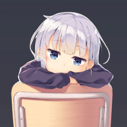 Rule 34 | 1girl, aharen-san wa hakarenai, aharen reina, bad id, bad pixiv id, black sweater, blue eyes, blush, chair, coffeiz p, commentary, grey background, grey hair, long hair, long sleeves, looking at viewer, outline, simple background, solo, sweater, symbol-only commentary