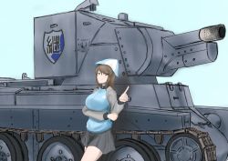 Rule 34 | 1girl, absurdres, against vehicle, aqua background, blue hat, blue jacket, blue skirt, breast hold, breasts, brown eyes, brown hair, bt-42, closed mouth, commentary request, emblem, finnish commentary, girls und panzer, hand on own elbow, hat, highres, index finger raised, jacket, keizoku (emblem), keizoku military uniform, leaning back, long hair, long sleeves, looking at viewer, mika (girls und panzer), military, military uniform, military vehicle, miniskirt, motor vehicle, partial commentary, pleated skirt, raglan sleeves, shibainutank, skirt, smile, solo, standing, tank, track jacket, tulip hat, uniform