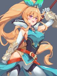 Rule 34 | 1girl, artist name, bare shoulders, belt, blonde hair, dragalia lost, elbow gloves, elisanne, garter straps, gloves, grey background, hair ornament, highres, holding, jewelry, long hair, looking at viewer, lucidsky, open mouth, ponytail, purple eyes, ribbon, smile, solo, thighhighs, weapon, white thighhighs
