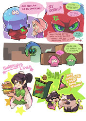 Rule 34 | + +, 2girls, :q, afterimage, anger vein, black hair, blouse, blunt bangs, box, brown eyes, callie (splatoon), cardboard box, cat, closed eyes, closed mouth, commentary, cosplay, cracker, cropped torso, dagwood sandwich, daphne ann blake, daphne ann blake (cosplay), dj octavio, earrings, english commentary, fangs, food, gomipomi, green shirt, hairband, highres, holding, holding food, jewelry, judd (splatoon), key, long hair, looking at another, marie (splatoon), mask, mole, mole under eye, motion lines, multicolored hair, multiple girls, nintendo, octotrooper, open mouth, pearl (splatoon), pink hair, pointy ears, purple hair, purple hairband, purple shirt, sandwich, scooby-doo, shaggy rogers, shaggy rogers (cosplay), shirt, short hair, short sleeves, smile, splat bomb (splatoon), squid, standing, sweatdrop, tearing up, tentacle hair, tongue, tongue out, trembling, two-tone hair