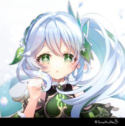 Rule 34 | 1girl, blush, child, commentary, cross-shaped pupils, genshin impact, gradient hair, green eyes, hair ornament, highres, hoshiusagi no chloe, leaf hair ornament, long hair, looking at viewer, multicolored hair, nahida (genshin impact), open mouth, pointy ears, side ponytail, solo, symbol-shaped pupils, white hair