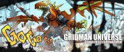 Rule 34 | absurdres, cannon, character name, claws, commentary request, copyright name, debris, dynarex, dynazenon (character), gridman universe, highres, mecha, mechanical wings, moyan, no humans, open mouth, procreate (medium), robot, sharp teeth, solo, sound effects, ssss.dynazenon, standing, super robot, teeth, wings
