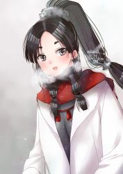 Rule 34 | 1girl, adapted costume, black hair, breath, brown eyes, coat, gradient background, hair tie, high ponytail, highres, kantai collection, kimura shiki, long hair, looking at viewer, multi-tied hair, nisshin (kancolle), red ribbon, red scarf, ribbon, scarf, short eyebrows, snow, solo, thick eyebrows, upper body, very long hair, white coat
