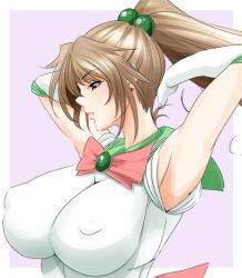 Rule 34 | 1girl, armpits, bare shoulders, bishoujo senshi sailor moon, breasts, brown hair, covered erect nipples, female focus, from side, gloves, green eyes, hair between eyes, hair bobbles, hair ornament, huge breasts, impossible clothes, kino makoto, large breasts, long hair, looking away, outside border, parted lips, pink background, ponytail, profile, puffy nipples, sailor jupiter, simple background, size hermitage, solo, upper body, white gloves