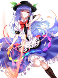 Rule 34 | 1girl, absurdres, bad id, bad pixiv id, black hat, blue hair, blue skirt, boots, bow, bowtie, brown footwear, cowboy shot, expressionless, food, frilled skirt, frills, fruit, hair between eyes, hat, highres, hinanawi tenshi, holding, holding weapon, long hair, looking at viewer, peach, puffy short sleeves, puffy sleeves, rainbow order, red bow, red bowtie, red eyes, red hair, sheya, shirt, short sleeves, simple background, skirt, solo, sword of hisou, touhou, weapon, white background, white shirt