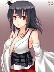 Rule 34 | 10s, 1girl, black hair, blouse, breasts, detached sleeves, floral print, hair ornament, hanazome dotera, hand on own chest, japanese clothes, kantai collection, nontraditional miko, red eyes, sash, shirt, short hair, solo, wide sleeves, yamashiro (kancolle)