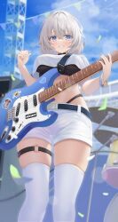 Rule 34 | 1girl, absurdres, arikawa rui, belt, black choker, black shirt, blue eyes, blurry, blurry background, breasts, choker, confetti, crop top, crop top overhang, depth of field, electric guitar, feet out of frame, from below, grin, guitar, hair ornament, hairclip, highleg, highres, holding, holding guitar, holding instrument, holding plectrum, instrument, large breasts, looking at viewer, midriff, multicolored hair, original, outdoors, panty straps, plectrum, shirt, short hair, short shorts, short sleeves, shorts, skindentation, smile, solo, standing, stomach, streaked hair, thigh strap, thighhighs, thighs, underboob, undershirt, white hair, white shirt, white shorts, white thighhighs