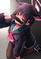 Rule 34 | 1girl, animal ears, awa yume, black choker, black hair, black jacket, black mask, blue archive, blush, brown pantyhose, cat ears, choker, colored inner hair, green sailor collar, hair ornament, hairclip, halo, highres, hood, hooded jacket, jacket, kazusa (blue archive), long sleeves, looking at viewer, mask, mouth mask, multicolored hair, open mouth, pantyhose, pink hair, pink halo, red eyes, sailor collar, shoes, short hair, solo