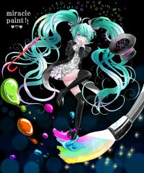Rule 34 | 1girl, aqua eyes, aqua hair, art brush, bad id, bad pixiv id, cane, fishnets, frills, full body, gloves, hat, hatsune miku, high heels, highres, komotori tawa, long hair, miracle paint (vocaloid), musical note, open mouth, paint, paintbrush, pantyhose, project diva, project diva (series), shoes, solo, thighhighs, top hat, twintails, very long hair, vocaloid