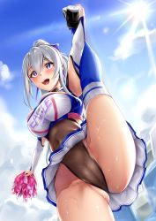 Rule 34 | 1girl, 3104 (3104milkshake), :d, armpit cutout, armpits, ass, azur lane, black leotard, blue sky, blue thighhighs, blush, bow, breasts, cameltoe, casablanca (azur lane), casablanca (cheer squad on break) (azur lane), cheerleader, cleavage, clothing cutout, cloud, commentary request, covered navel, cowboy shot, crop top, day, flexible, from below, gluteal fold, hair between eyes, hair bow, highres, holding, holding pom poms, large breasts, leg up, leotard, leotard under clothes, long hair, long sleeves, looking away, midriff, miniskirt, open mouth, outdoors, pleated skirt, pom pom (cheerleading), pom poms, purple eyes, ribbed legwear, sidelocks, silver hair, skirt, sky, smile, solo, split, standing, standing on one leg, standing split, sunlight, sweat, taut clothes, teeth, thighhighs, thighs, two-tone skirt, upper teeth only, white skirt