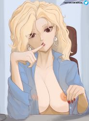 Rule 34 | 1girl, absurdres, bergoq, blonde hair, blue shirt, breasts, brown eyes, chair, collared shirt, covered erect nipples, eyeshadow, finger to mouth, fingernails, golden boy, highres, large breasts, looking at viewer, makeup, mascara, mole, nail polish, nipples, no bra, office chair, onna shachou, open clothes, open shirt, red nails, shirt, sitting, solo, swivel chair, unbuttoned, unbuttoned shirt