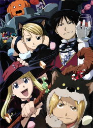 Rule 34 | absurdres, alphonse elric, animal ears, armor, bare shoulders, black eyes, blonde hair, blue eyes, candy, cape, cat ears, cat tail, cosplay, cup, earrings, edward elric, food, fullmetal alchemist, halloween, hat, highres, jewelry, lollipop, long hair, looking at viewer, open mouth, pumpkin, riza hawkeye, roy mustang, short hair, smile, standing, tail, winry rockbell, witch, yellow eyes