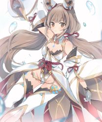 Rule 34 | animal ears, blunt bangs, breasts, cat ears, chest jewel, cleavage, detached sleeves, facial mark, hano (hanosora), highleg, highleg leotard, leotard, long hair, low twintails, nia (blade) (xenoblade), nia (xenoblade), silver hair, small breasts, solo, thighhighs, twintails, very long hair, xenoblade chronicles (series), xenoblade chronicles 2, yellow eyes