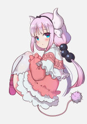 Rule 34 | 10s, 1girl, beads, blue eyes, blush, child, dragon girl, dre, frills, from behind, full body, gradient hair, hair beads, hair ornament, hairband, highres, horns, kanna kamui, kobayashi-san chi no maidragon, light purple hair, long hair, looking at viewer, looking back, low twintails, multicolored hair, sidelocks, sitting, solo, tail, thighhighs, twintails, white thighhighs