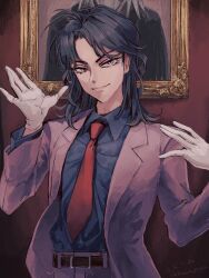 Rule 34 | 1boy, alternate color, artist name, belt, black belt, black hair, black shirt, blazer, closed mouth, commentary, dated, gloves, ichijou seiya, jacket, kaiji, long hair, long sleeves, looking at viewer, male focus, medium bangs, necktie, open clothes, open jacket, painting (object), parted bangs, picture frame, pink jacket, purple eyes, red necktie, shirt, shirt tucked in, smile, solo, symbol-only commentary, unknown03162, upper body, white gloves