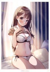 Rule 34 | 1girl, absurdres, bikini, breasts, brown eyes, brown hair, brown shirt, cleavage, clothes lift, hanako151, hands up, highres, lifted by self, light rays, long hair, looking at viewer, medium breasts, navel, no pants, original, otona no moeoh, parted lips, pillow, plaid, plaid shirt, shirt, shirt lift, short sleeves, sitting, solo, stomach, sunbeam, sunlight, swimsuit, thighs, white bikini, window, wing collar
